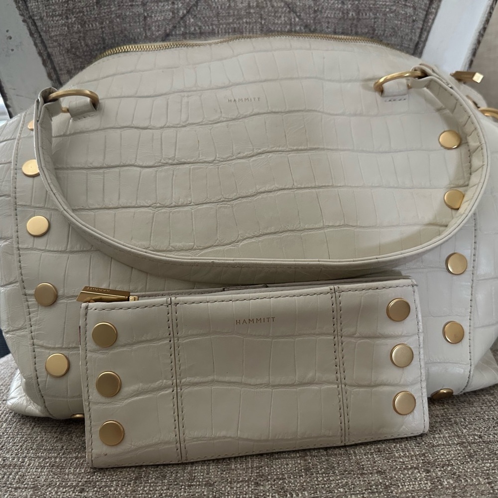 Hammitt Cream Croc-Embossed Shoulder Bag with Gold Accents